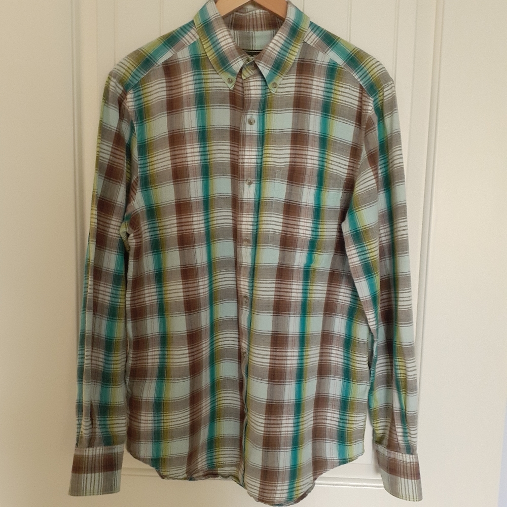 Eddie Bauer Linen Blend Button Down Plaid Long Sleeve Shirt Brown Blue Size M